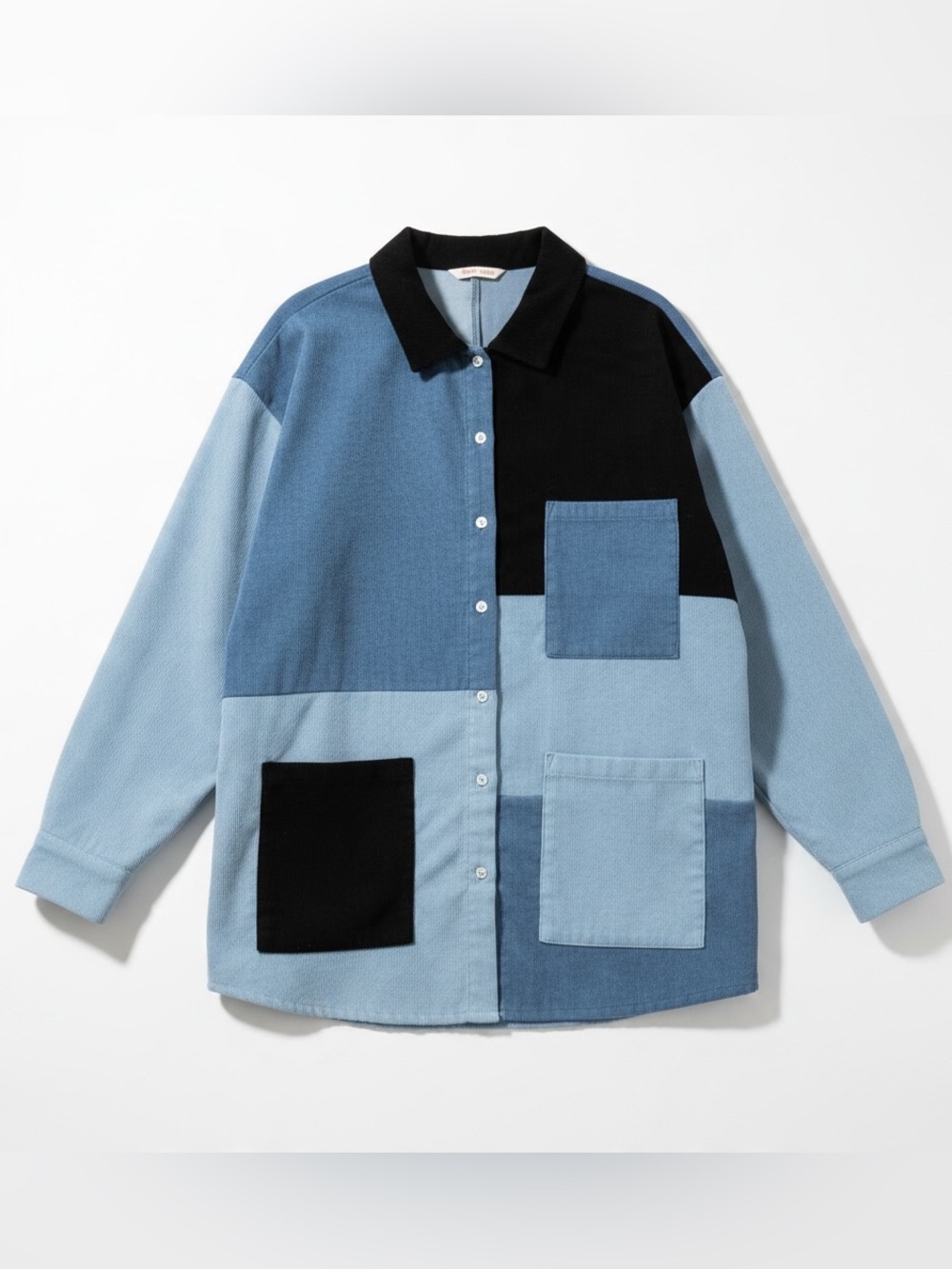 ROMWE Patchwork Blue Black Corduroy Shacket Oversize Color Block 90's Indie Sz L